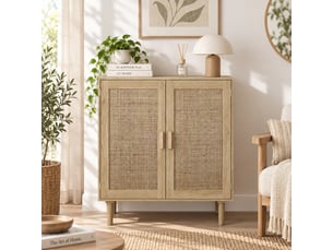 Buffet bas 80x40x88 cm naturel, 2 portes en rotin, poignées bois massif, meuble de rangement salon entrée