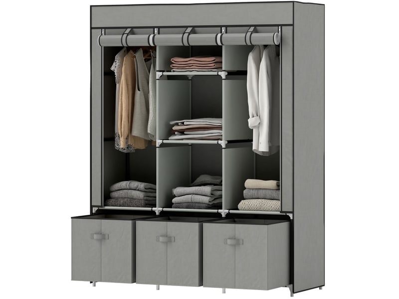  Armoire en tissu avec 2 barres de penderie 3 tiroirs 5 étagères pour chambre et dressing en acier gris clair  - Conforama A