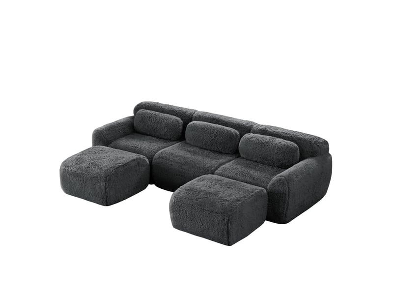 Canapé modulable en u 3 places gris en peluche, avec ottoman et coussins  - Conforama A