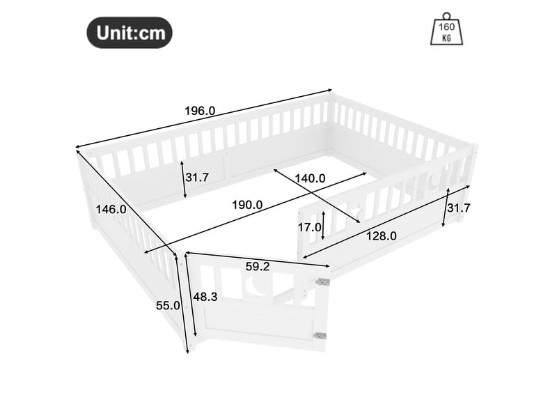 Lit enfant 140x190 avec barrière et porte, décoration étoile et lune, cadre en bois de pin massif, style minimaliste, blanc - Conforama C