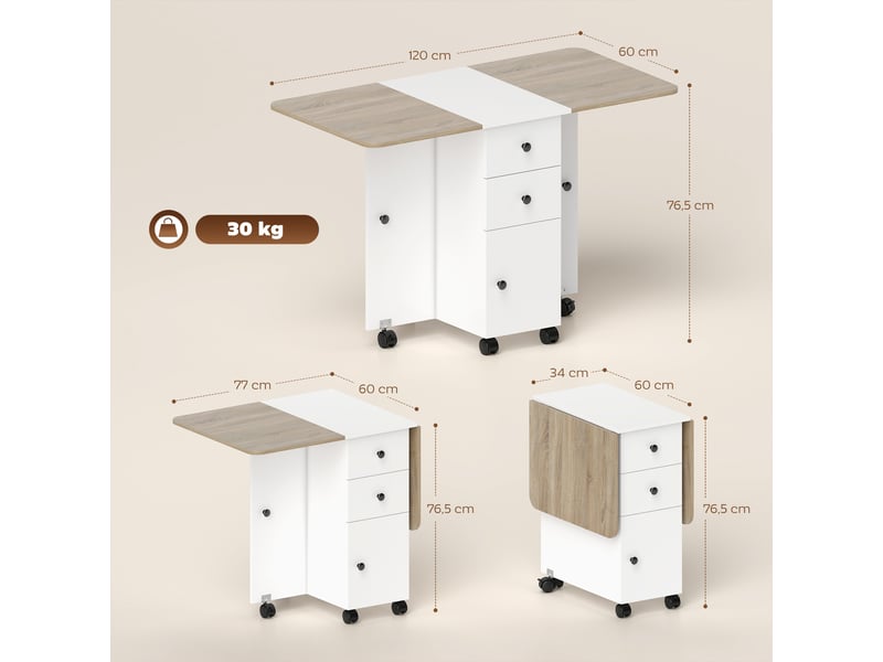  Table de cuisine pliable table à manger pliante 2 plateaux rabattables avec 2 tiroirs 1 placard blanc et chêne  - Conforama E