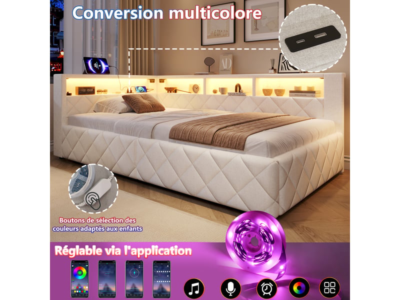  Canapé-lit coffre 90 x 200 cm - avec lumière led - avec port usb - tissu velours - beige (matelas non inclus)  - Conforama W