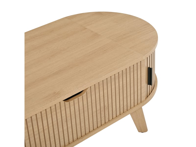  Table basse relevable avec rangement caché, 2 portes coulissantes, ovale pour salon, naturelle, 110 × 50 × 53,5 cm  - Conforama E