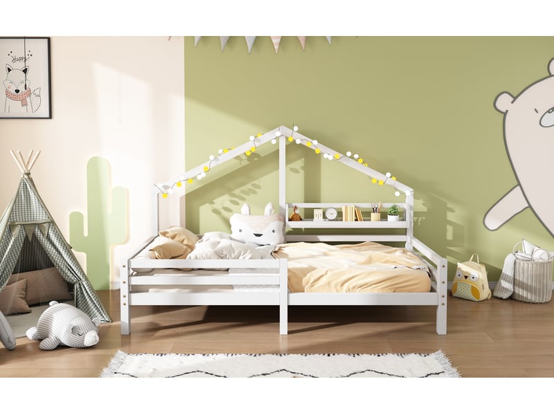  Lit cabane enfant 1 place 90×200 cm avec barrière, étagère et rangement  - sans matelas, pin - blanc  - Conforama E