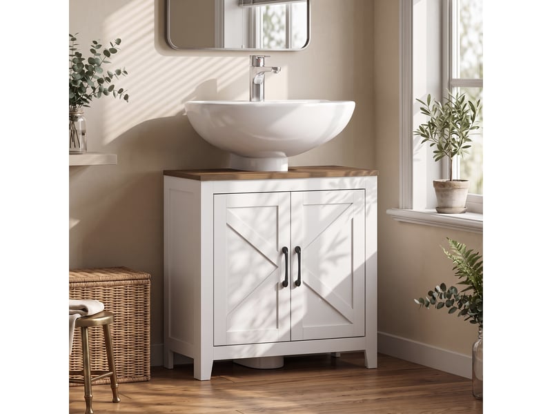  Meuble sous lavabo, meuble de salle de moderne bain avec 2 portes de grange et étagère réglable, blanc  - Conforama B