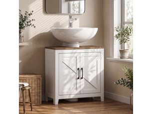 Meuble sous lavabo, meuble de salle de moderne bain avec 2 portes de grange et étagère réglable, blanc
