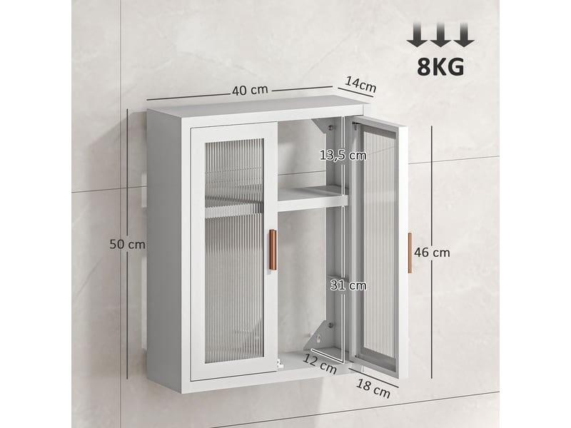  Armoire murale de salle de bain, meuble haut salle de bains avec 2 portes cannelées, étagère réglable, 40x14x50cm, blanc  - Conforama E