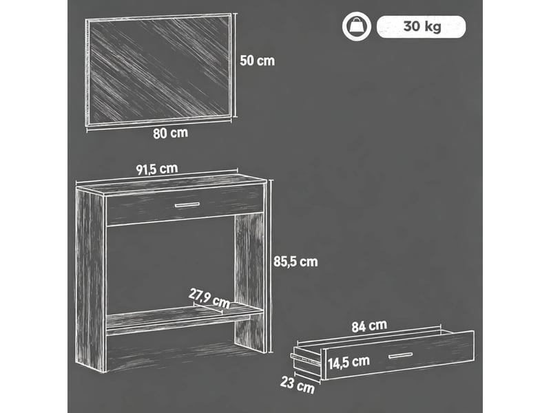  Console d'entrée avec miroir 91,5 x 27,9 x 85,5 cm, chêne et blanc, panneau de particules, tiroir et étagère  - Conforama C