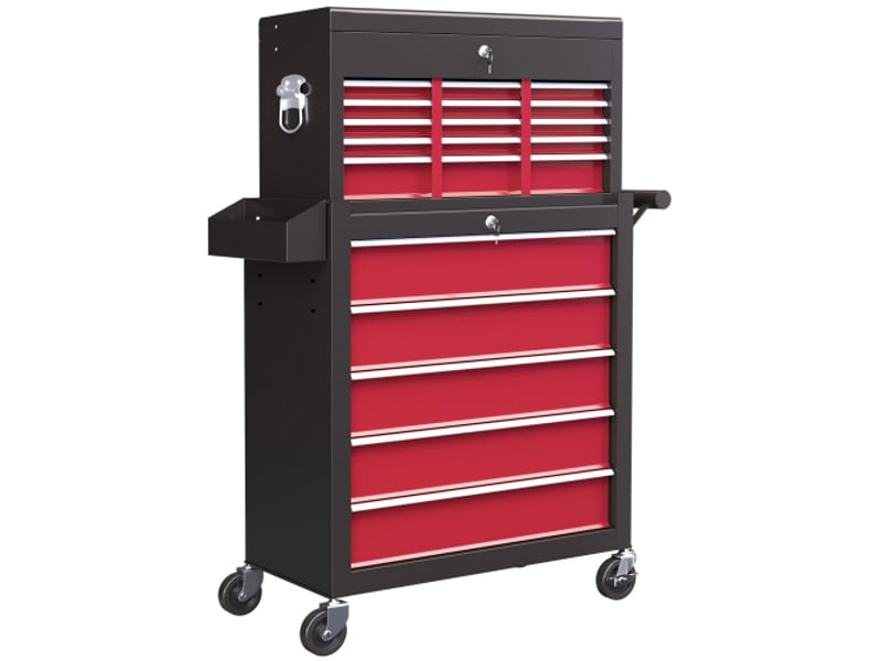  Chariot d'atelier rouge avec roulettes, 14 tiroirs verrouillables, panneau perforé latéral, tapis eva, servante mobile pour outils  - Conforama A