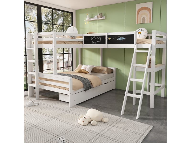  Lit combiné enfant avec bureau étagère et tiroirs pour chambre en bois blanc et chêne  - Conforama E
