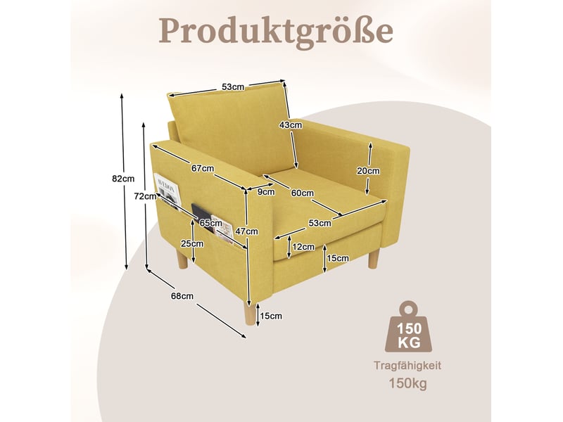  Fauteuil scandinave 71x68x82 cm, poche de rangement, coussin, canapé 1 place, pour salon, chambre, tissu chenille jaune  - Conforama C