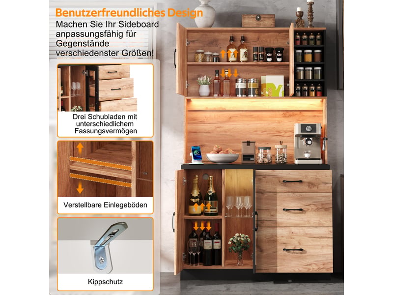  Buffet haut 105x40x180 cm avec éclairage led réglable, buffet de cuisine en couleur bois naturel, buffet salon avec prise électrique  - Conforama A