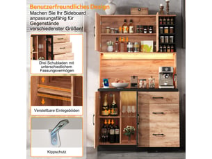 Buffet haut 105x40x180 cm avec éclairage led réglable, buffet de cuisine en couleur bois naturel, buffet salon avec prise électrique