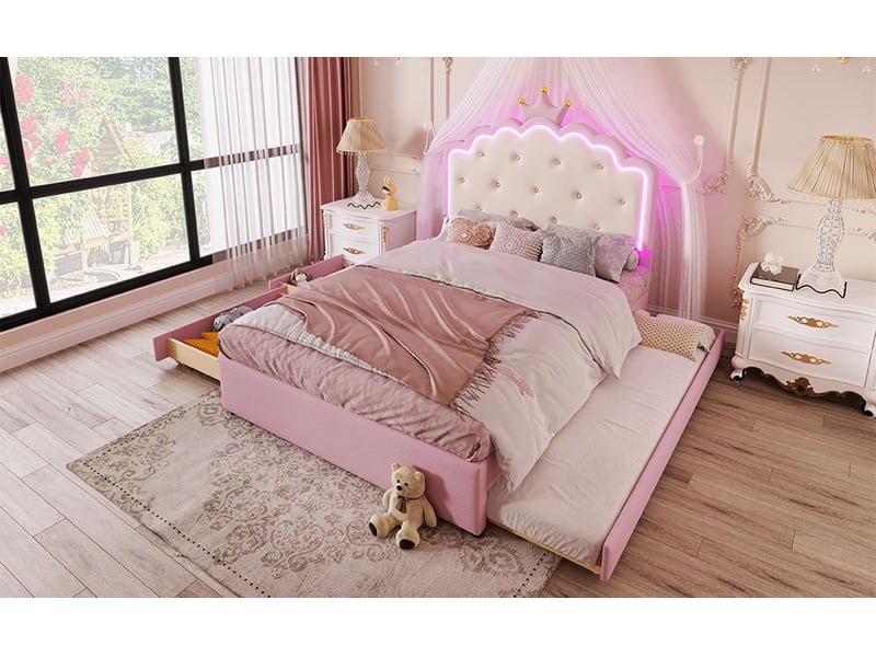  Lit 140 × 200 cm, lit gigogne 90 × 188 cm, 2 tiroirs, tête de lit couronne avec led, revêtement pu, sans matelas, rose  - Conforama B