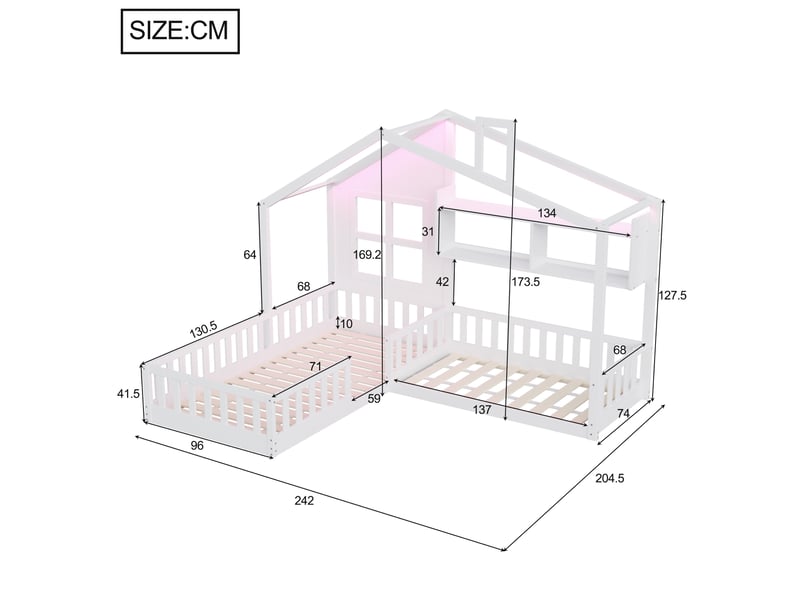 Lit cabane enfant 90x200 cm – blanc – led, étagères intégrées et barrières de sécurité – sans matelas - Conforama C