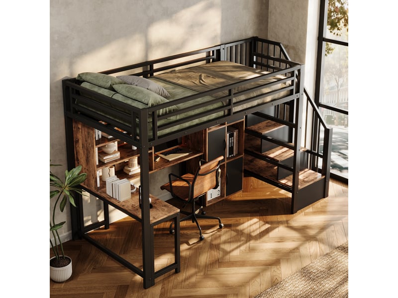  Lit mezzanine 90 x 200 cm, structure en métal, échelle-armoire, étagère de rangement, bande led, métal, noir Bliss Lite - Conforama E