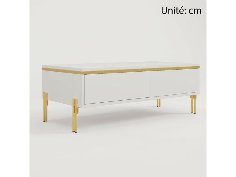  Table basse blanche brillante 100x50x36 cm avec tiroirs cachés et pieds en métal  - Conforama C