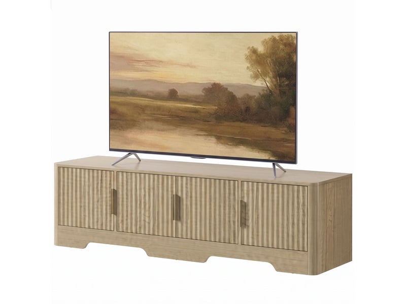  Meuble tv 140 cm design effet bois clair 4 portes cannelées 3 étagères  - Conforama E