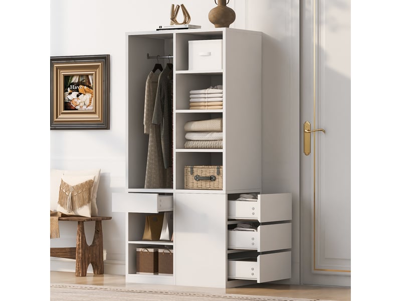  Armoire 70×50×170 cm - avec 4 tiroirs - avec étagères à plusieurs niveaux - blanc  - Conforama D