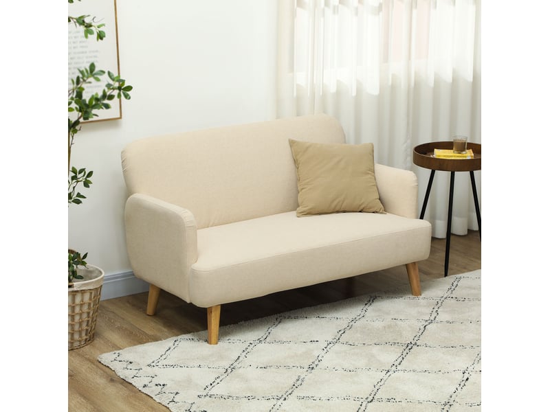 Canapé 2 places 130x74x79 cm avec accoudoirs aspect velours pieds en bois blanc crème  - Conforama B