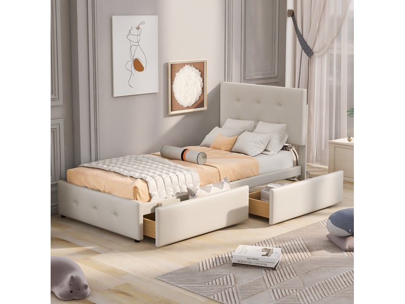 Lit simple rembourré 90x200 cm avec rangement, velours beige - Conforama B