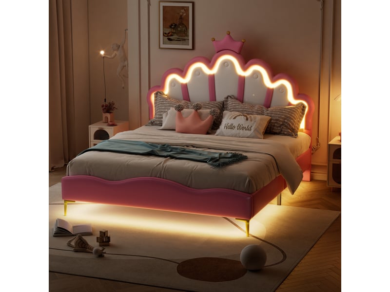  Lit princesse 140x190cm lit jeune avec tête de lit couronnée, éclairage led et sommier à lattes, rangement sous lit pour chambre de fille,sans matelas, pu,rose  - Conforama C