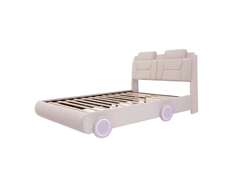  Lit voiture enfant rembourré blanc crème 140 x 200 cm, tête réglable, roues led  - Conforama D