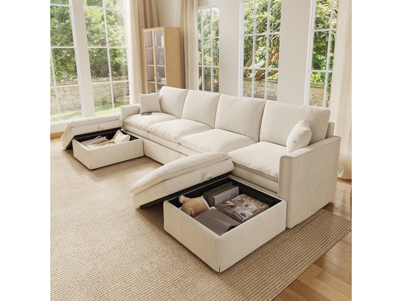  Canapé d'angle modulaire,6 places, avec 2 repose-pieds mobiles avec espace de rangement,277 × 80 × 135 cm,beige  - Conforama E