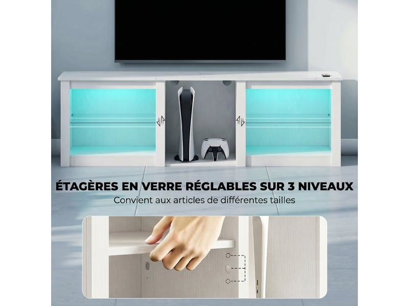  Meuble tv avec éclairage led pour télévision jusqu'à 70 pouces, blanc, 160cm avec étagères en verre réglables  - Conforama R