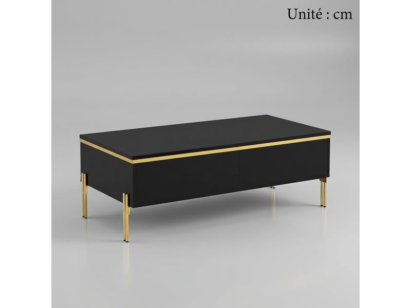  Table basse noire brillante 100x50x36 cm avec tiroirs cachés et pieds en métal  - Conforama C