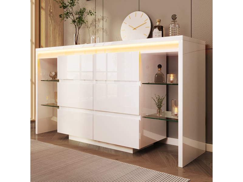  Buffet de rangement, avec 6 tiroirs, 4 étagères en verre et éclairage led, pour salon, bois, blanc brillant, 155×40×80 cm  - Conforama D