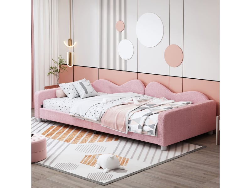  Lit enfant rose 90x200 capitonné tissu bouclette - canapé lit multifonctionnel avec dossier  - Conforama E