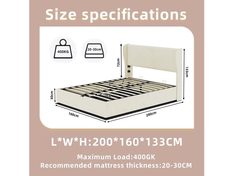  Lit coffre 2 places 160x200 cm avec tête de lit coloris beige  - Conforama C