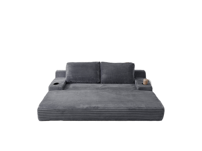  Canapé convertible 2 places avec porte-gobelets, poches latérales et 2 coussins en velours côtelé gris  - Conforama A