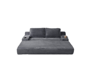 Canapé convertible 2 places avec porte-gobelets, poches latérales et 2 coussins en velours côtelé gris
