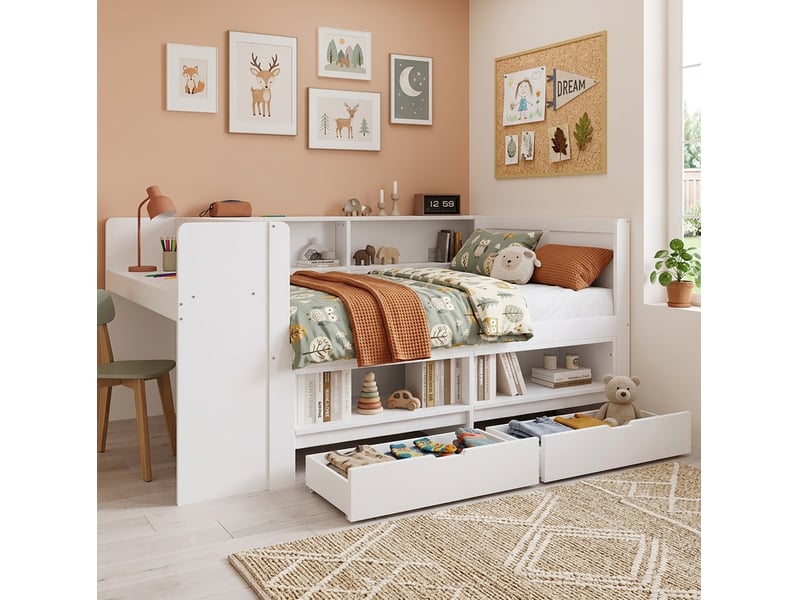  Lit combiné 120x200 cm avec bureau, rangements et 2 tiroirs blanc  - Conforama E