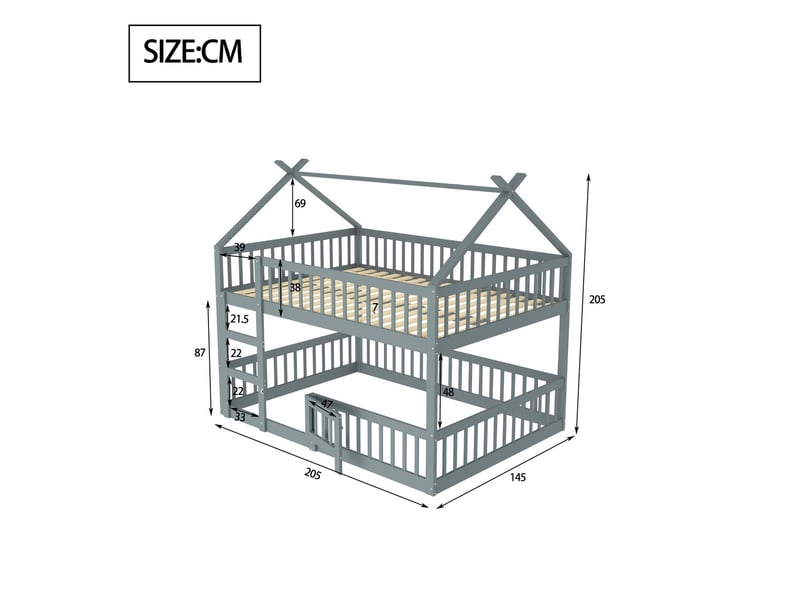 Lit superpose cabane 140x200, structure bois massif lit superposé enfant, garde-corps haut sécurité, escalier intégré, gain d'espace, couleur grise - Conforama C