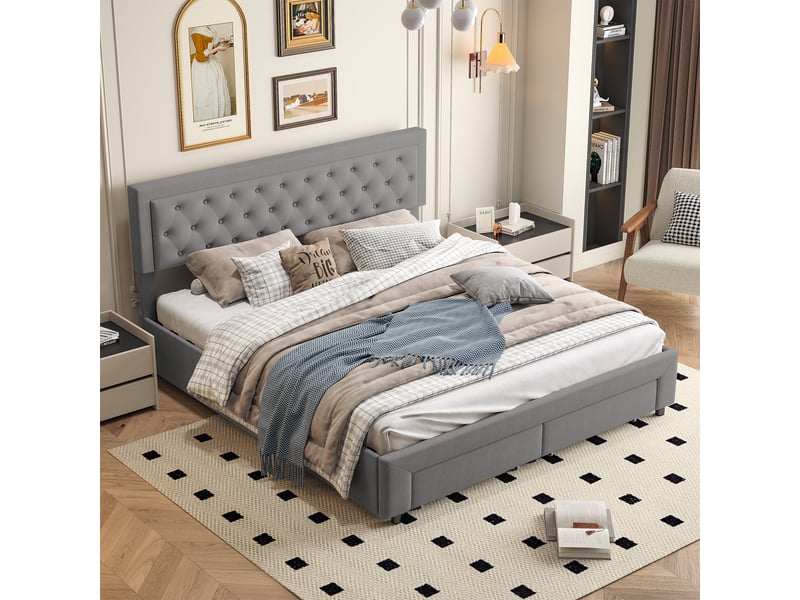  Lit double coffre 160x200, rangement hydraulique sous le lit, 2 tiroirs au pied, sommier à lattes, tissu velours, gris  - Conforama B
