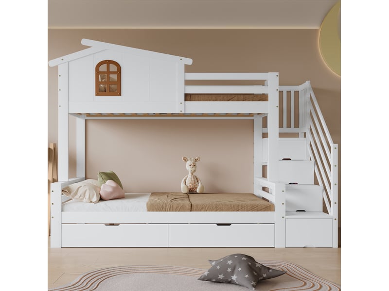 Lit superposé enfant 90x200 et 120x200 cm avec 2 tiroirs, blanc et naturel - Conforama D