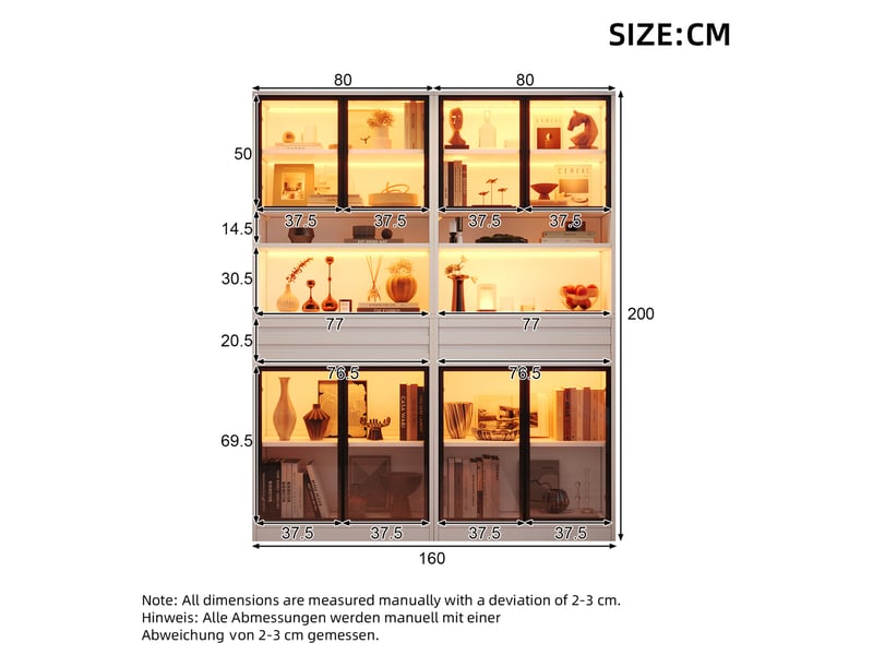 Vitrine led avec 4 portes vitrées, 1 tiroir et niches ouvertes, pour salon, en mdf blanc, 80 × 35 × 200 cm - Conforama D