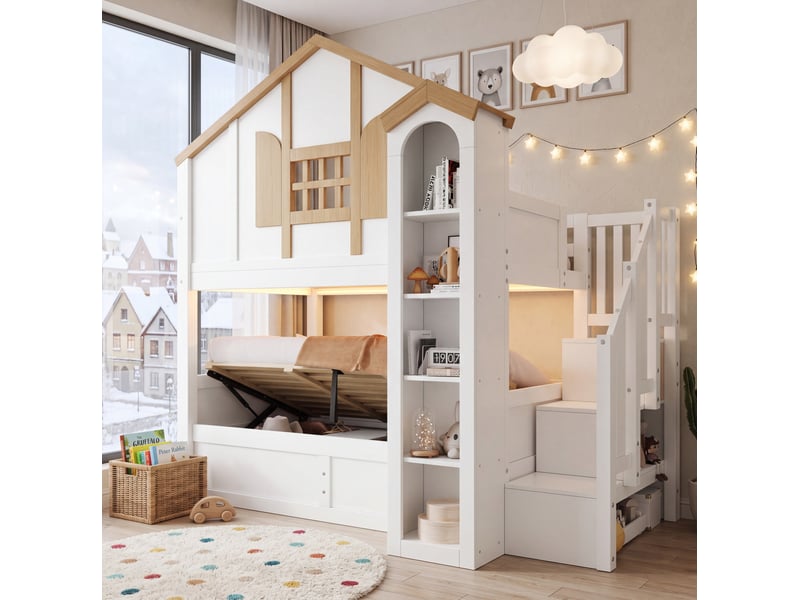 Lit superposé modenvie enfant 2 couchages 90 x 200 cm avec rangement led blanc et bois naturel - Conforama E