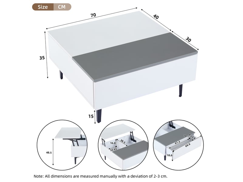  Table basse relevable avec 1 tiroir, niches de rangement et led pour salon, en mdf, style moderne, 70 × 70 × 35 cm  - Conforama D