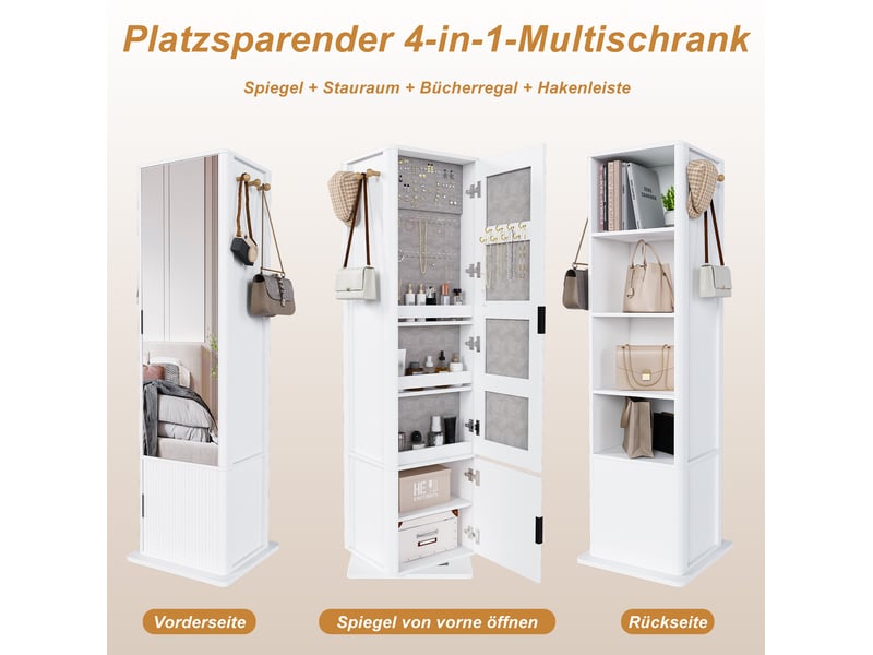  Armoire à bijoux pivotante 360 degrés 50 x 50 x 170 cm blanche en mdf avec miroir psyché et étagères  - Conforama E