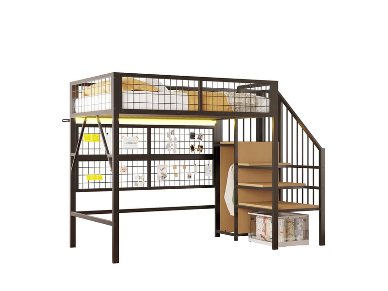  Lit mezzanine noir 90x200cm avec escalier rangement, éclairage led avec application, bureau et étagères - fer - pour enfant ado  - Conforama A