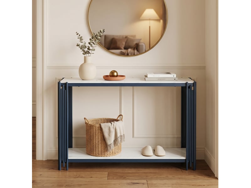  Console d'entrée à 2 niveaux effet marbre blanc et métal noir mat - 123,5 x 33,5 x 80 cm  - Conforama B