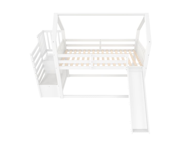  Lit superposé enfant blanc 90 × 200 cm, style maison, escalier avec rangement et toboggan  - Conforama D