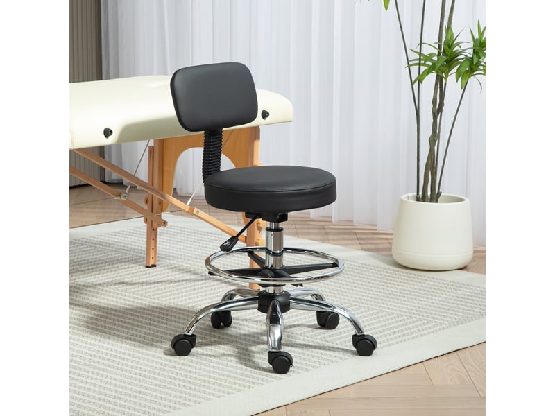  Tabouret noir à roulettes avec dossier et repose-pieds en similicuir à hauteur réglable pour bureau ou chambre  - Conforama D