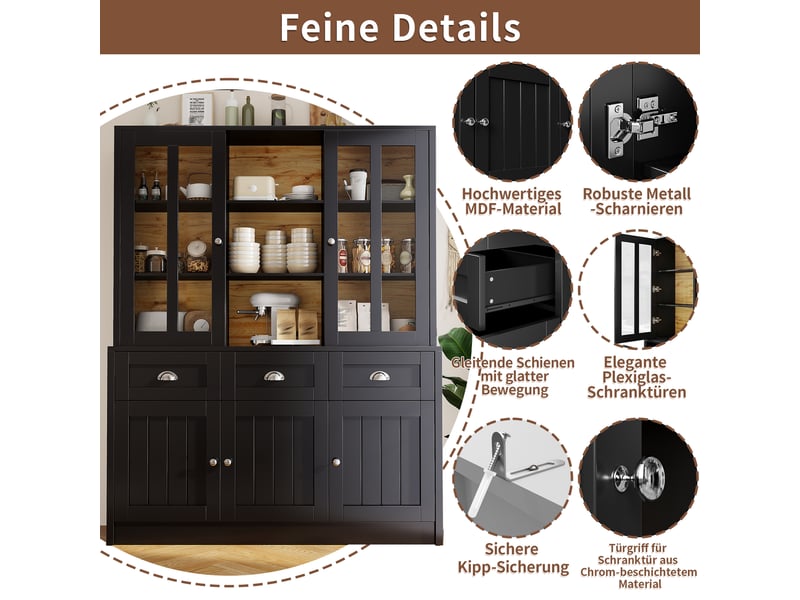 Buffet haut noir, 140x38,5x175 cm, mdf et acrylique, portes coulissantes, tiroirs et étagères réglables pour la cuisine - Conforama C