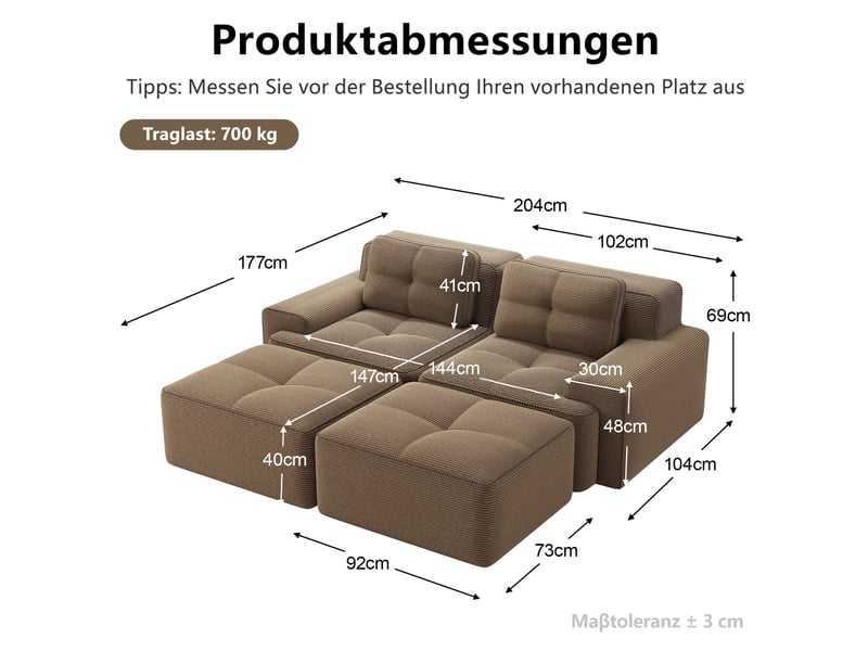  Canapé modulaire 2 places en velours côtelé marron avec ottomans, agencement en u, sans montage pour le salon  - Conforama C