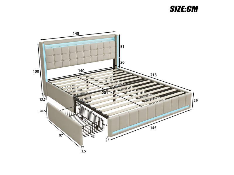  Lit 140 x 200 avec sommier,lit double 140 x 200, 4 tiroirs de rangement, bandeau led port usb, revêtement tissu lin, beige  - Conforama C